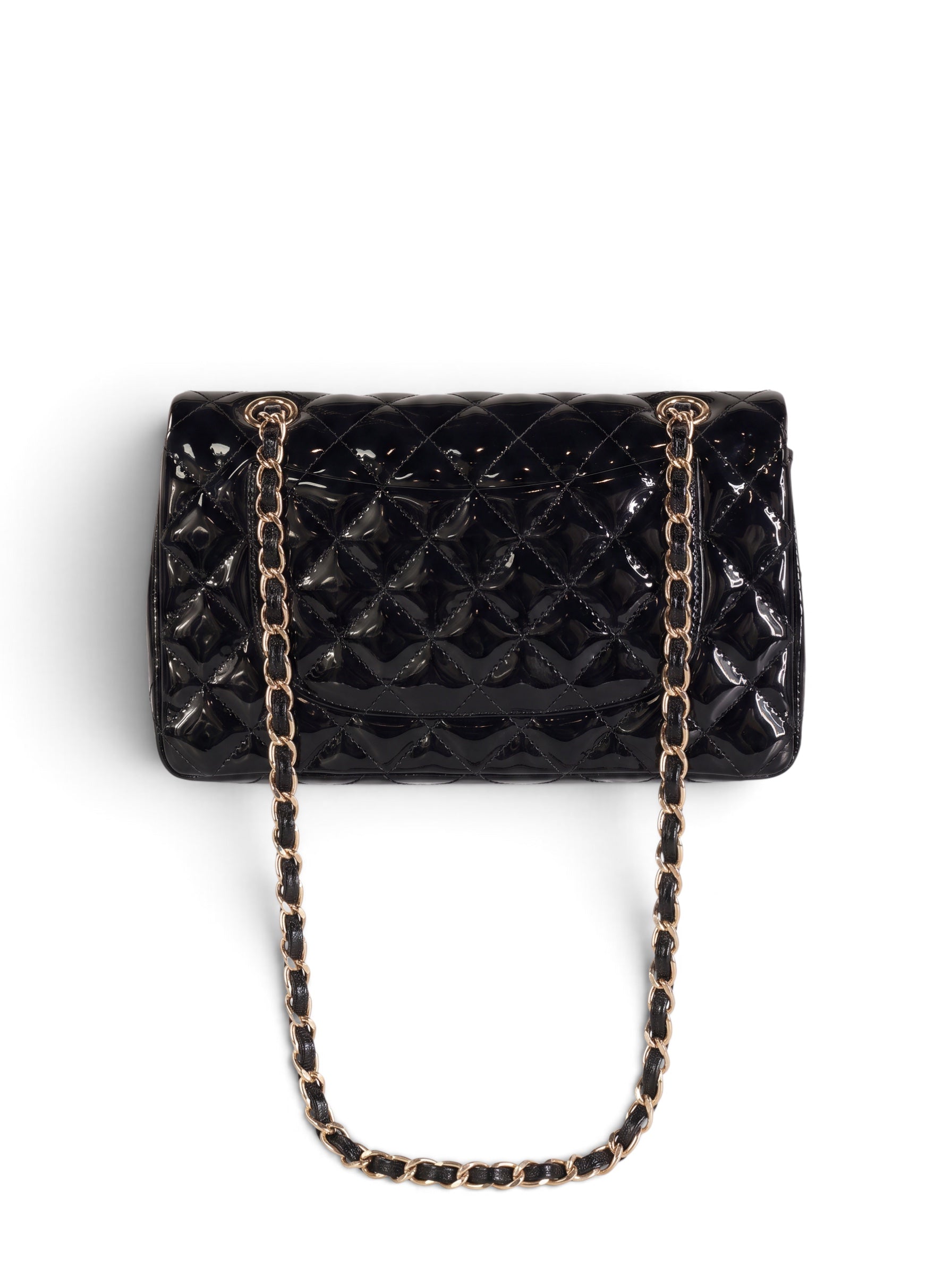 Zimoras Boutique black quilted patent vegan leather shoulder bag with gold-tone chain straps and turn-lock closure.