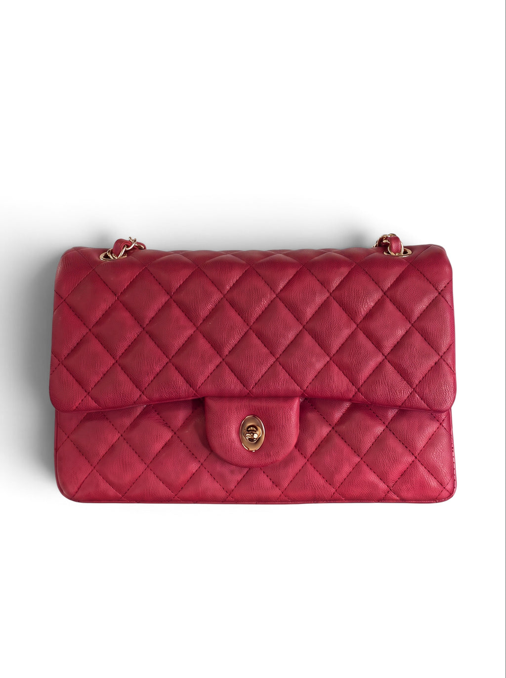 Zimoras Boutique red quilted patent leather shoulder bag with gold-tone chain strap and turn-lock closure