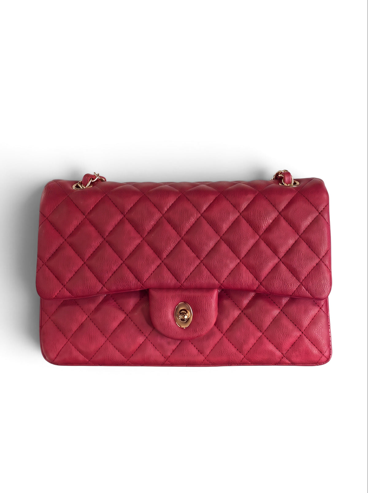 Zimoras Boutique red quilted patent leather shoulder bag with gold-tone chain strap and turn-lock closure