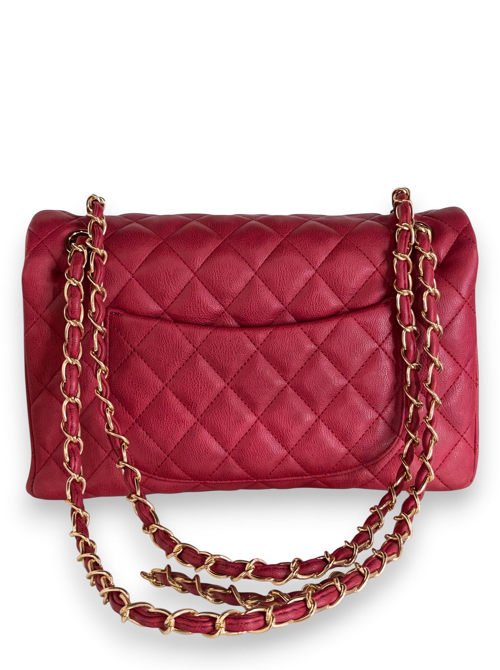 Zimoras Boutique quilted red patent leather shoulder bag with gold chain straps and a classic structured design.