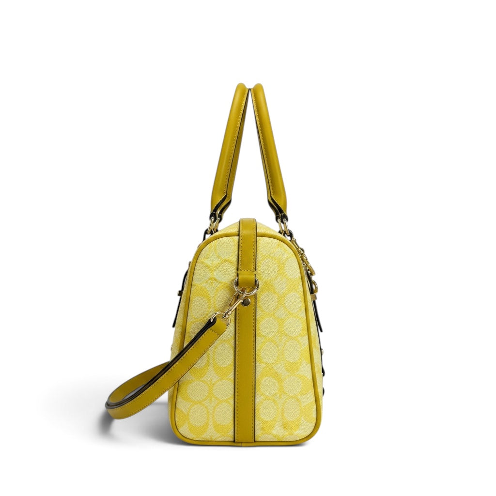 Zimoras Boutique yellow monogram satchel with leather trim and gold hardware, side view