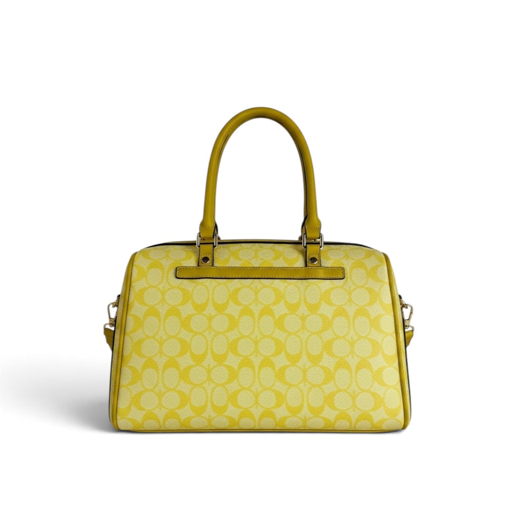 Zimoras Boutique yellow monogram satchel with leather trim and gold hardware